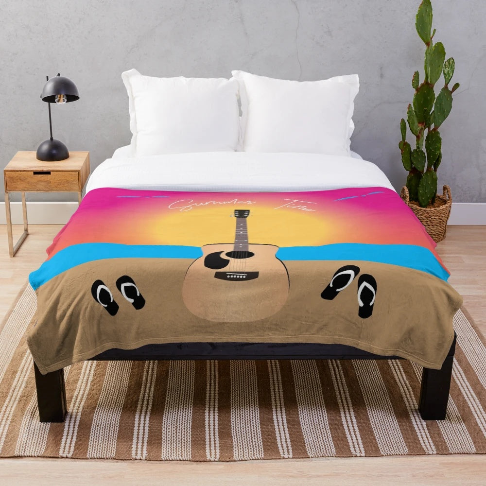 Plush beach blanket with acoustic guitar, sun, and waves design
