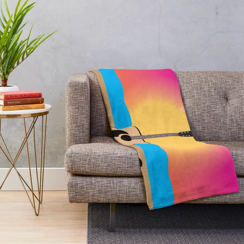 Plush beach blanket with acoustic guitar, sun, and waves design
