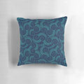 Navy and teal throw pillow with swirly water pattern, perfect for nautical or coastal home decor