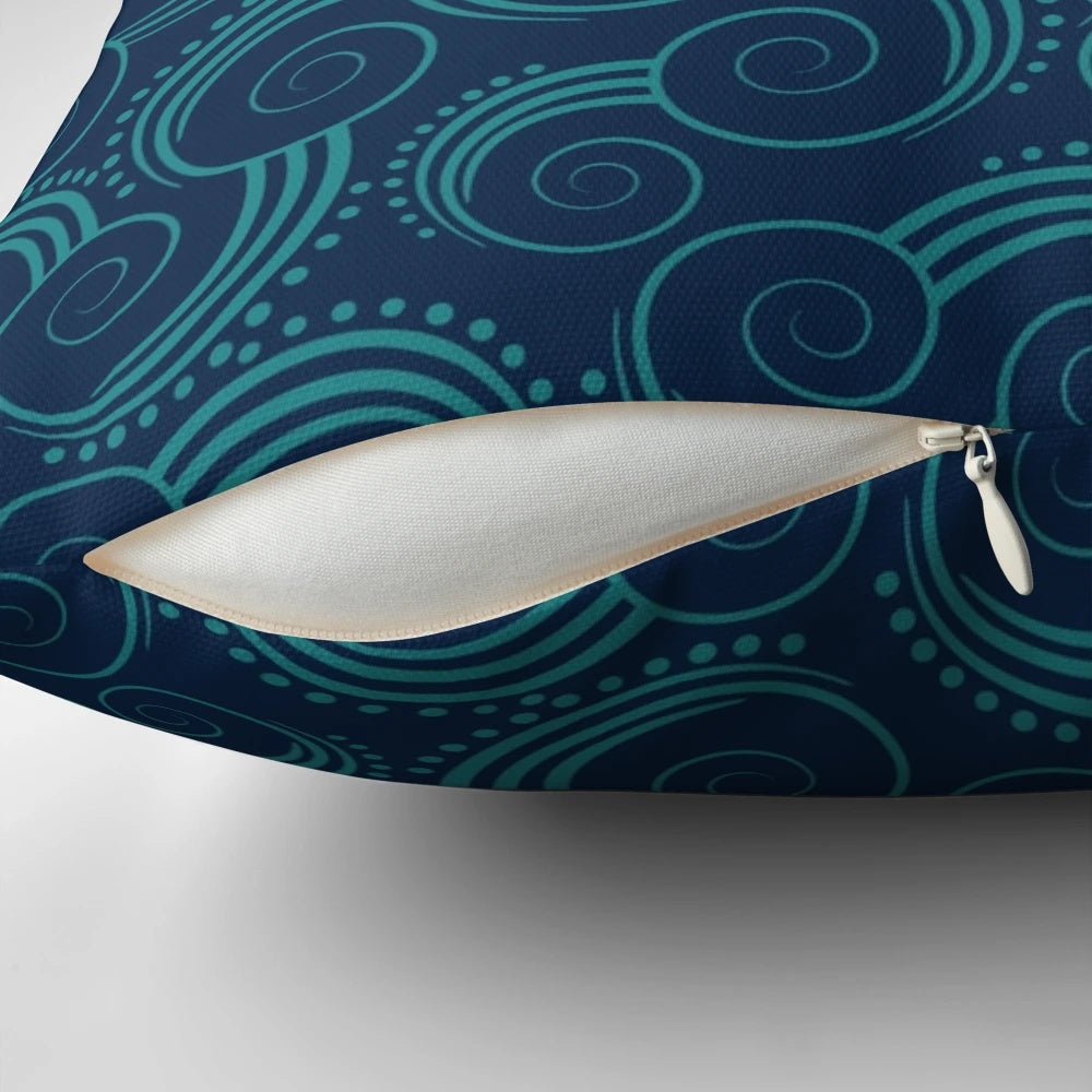 Navy and teal throw pillow with swirly water pattern, perfect for nautical or coastal home decor