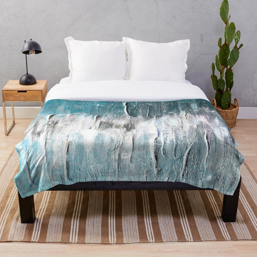 Abstract plush blanket with ocean teal and blue waves design