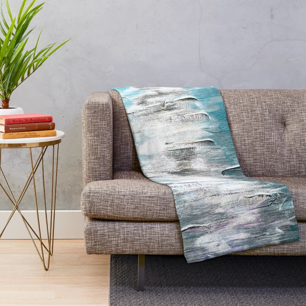 Abstract plush blanket with ocean teal and blue waves design