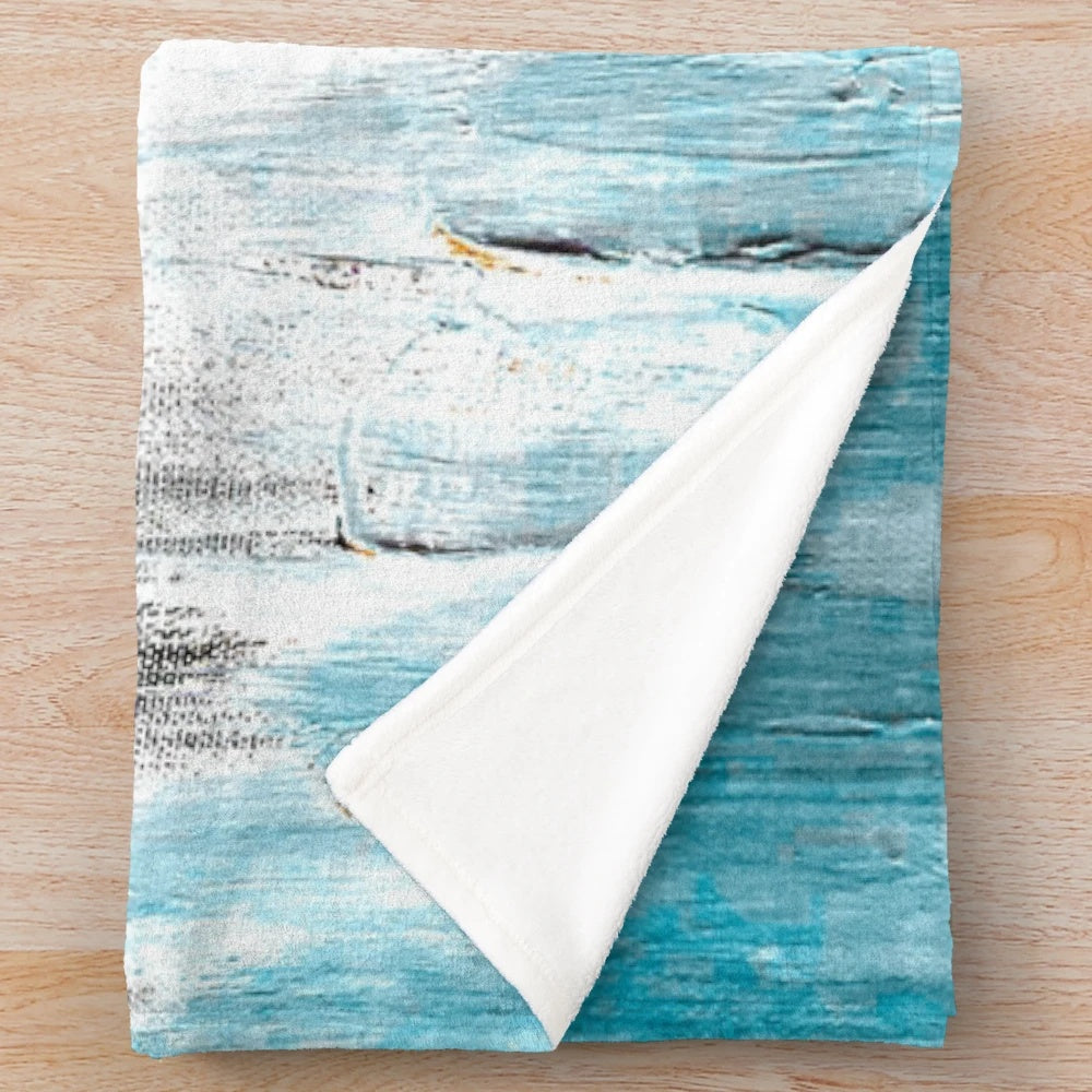 Abstract plush blanket with ocean teal and blue waves design