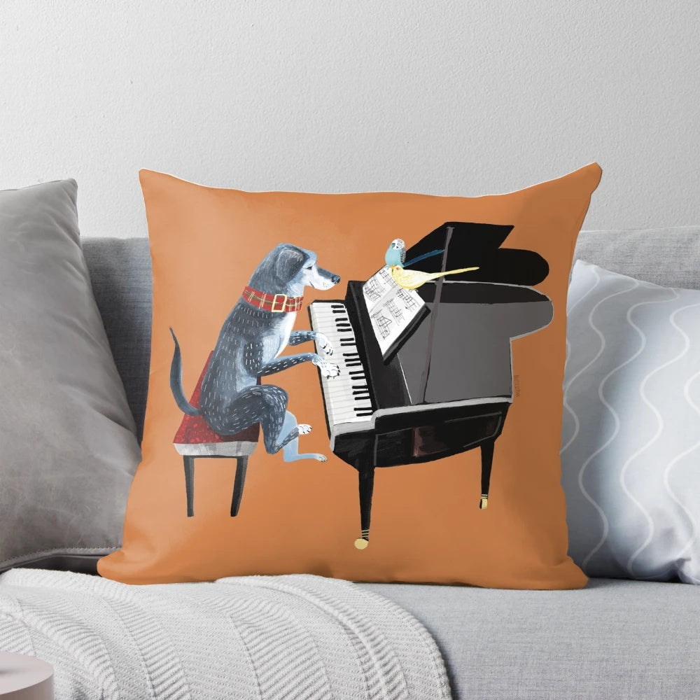 Blue dog angel pillow with musician playing the piano