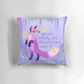 A cozy purple pillow with a design of a kind fox and fireflies dancing in a forest, promoting mental health and self-acceptance.