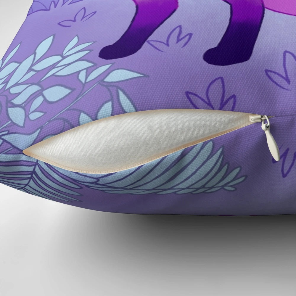 A cozy purple pillow with a design of a kind fox and fireflies dancing in a forest, promoting mental health and self-acceptance.