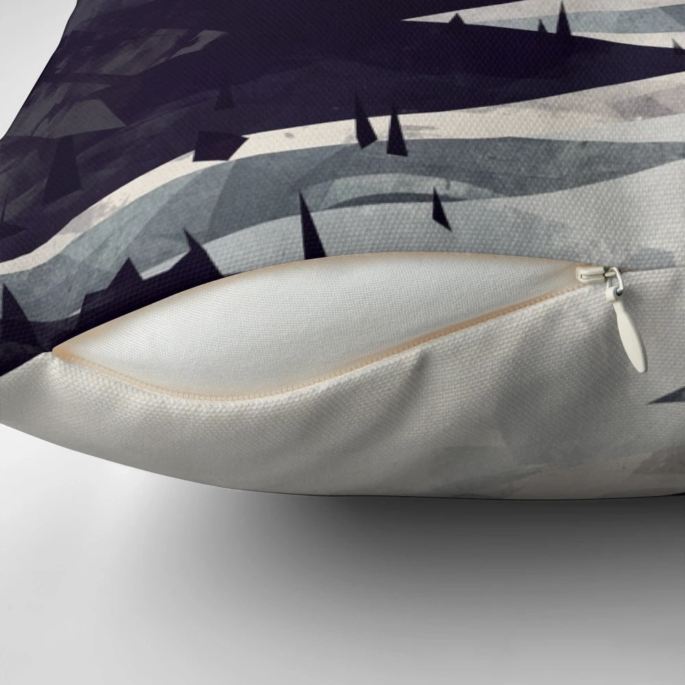 Calming mountain landscape graphic printed on a soft, plush pillow