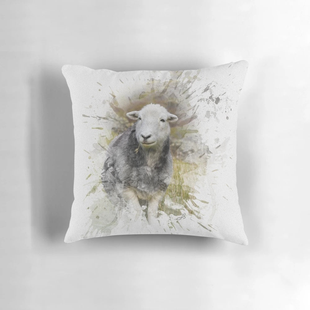 A beautiful watercolor painting of a Herdwick sheep, a traditional UK farm animal, against a backdrop of splashed colors.