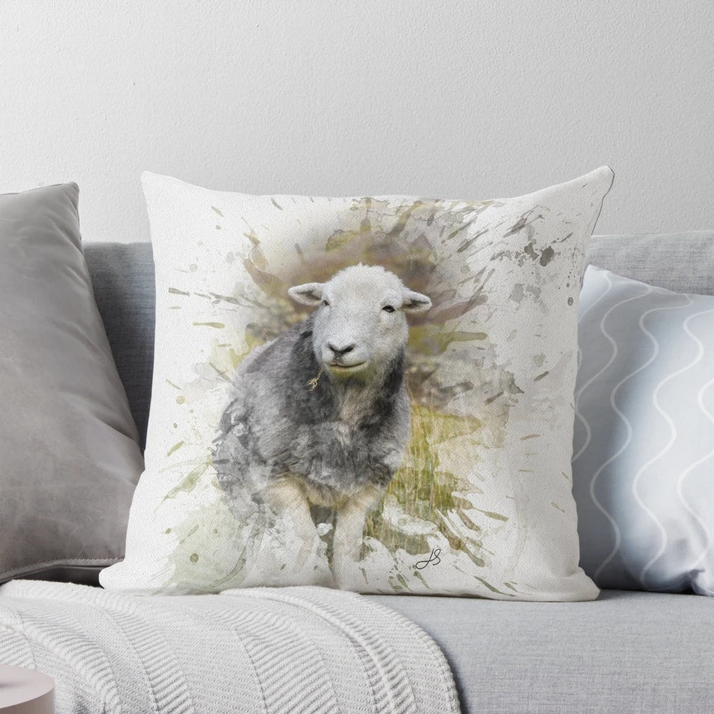 A beautiful watercolor painting of a Herdwick sheep, a traditional UK farm animal, against a backdrop of splashed colors.