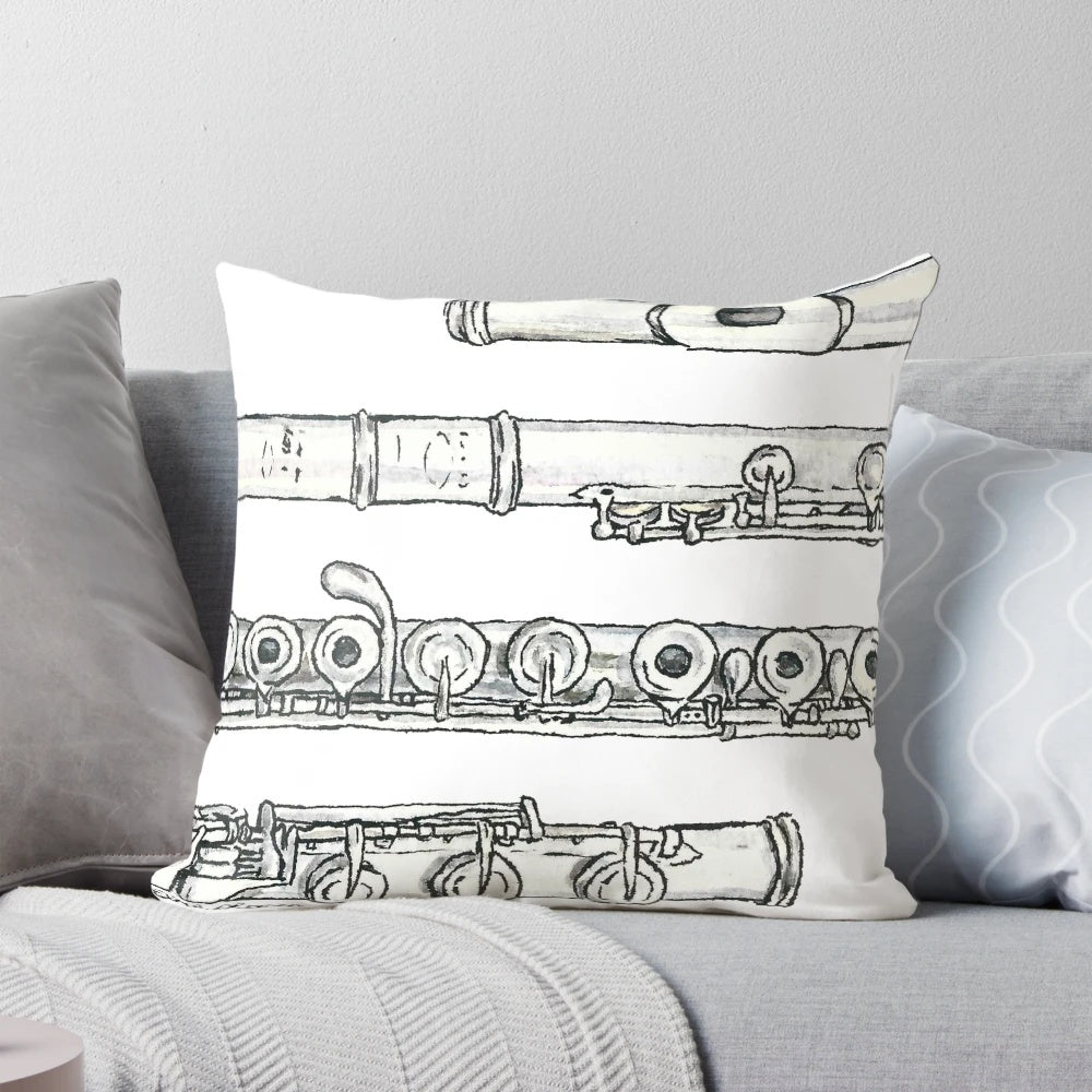Silver flute-shaped decorative pillow for music enthusiasts