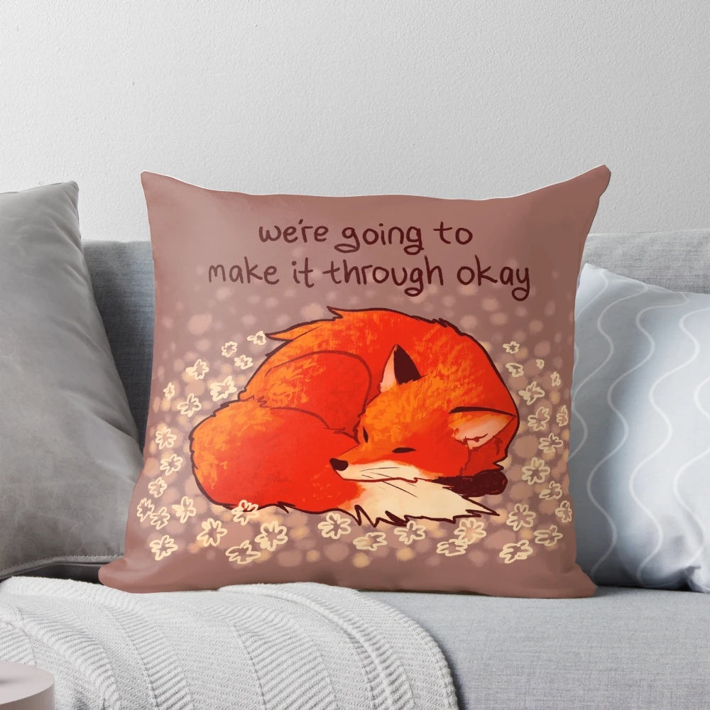Soft, comfortable pillow featuring a serene sleeping fox design, perfect for promoting calmness and mental wellbeing.