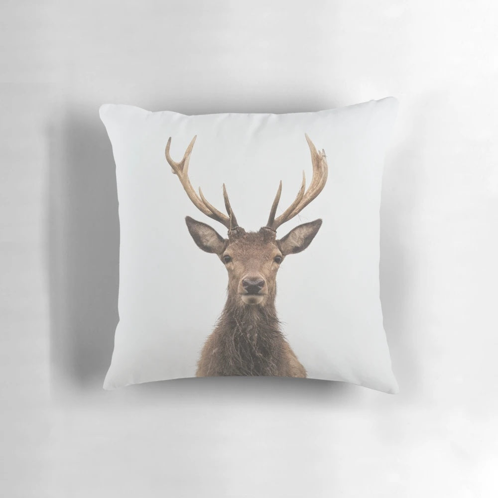Soothing Solitude Pillow featuring a serene stag design in a misty woodland setting