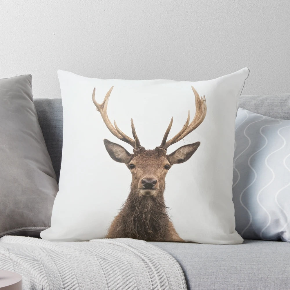 Soothing Solitude Pillow featuring a serene stag design in a misty woodland setting