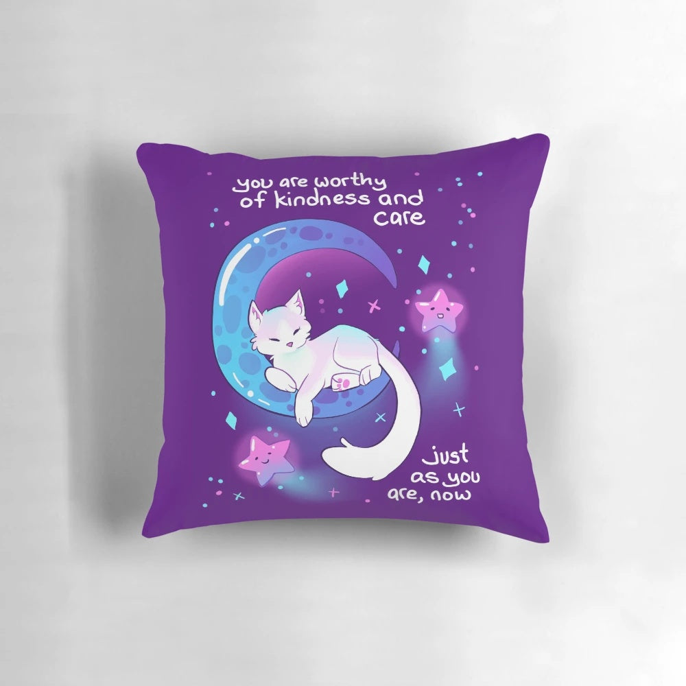 Soft, kawaii space kitty pillow with stars and moon, promoting self-love and mental health recovery