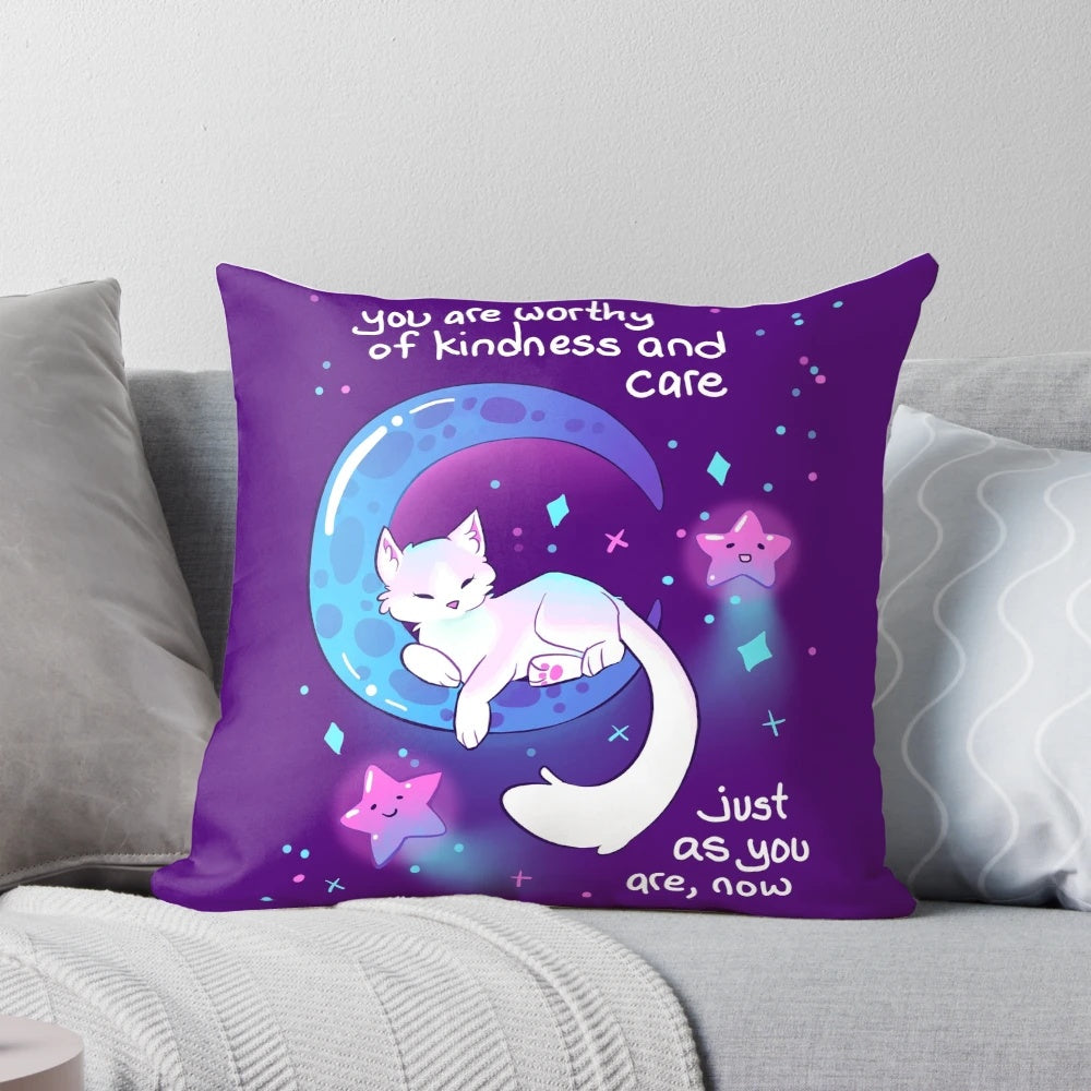 Soft, kawaii space kitty pillow with stars and moon, promoting self-love and mental health recovery