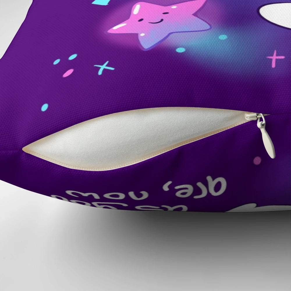 Soft, kawaii space kitty pillow with stars and moon, promoting self-love and mental health recovery