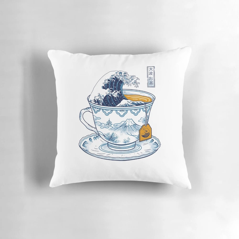The Great Wave Off Kanagawa tea-themed pillow with a cozy, decorative design