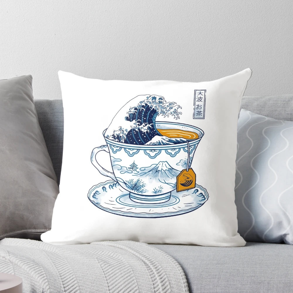 The Great Wave Off Kanagawa tea-themed pillow with a cozy, decorative design