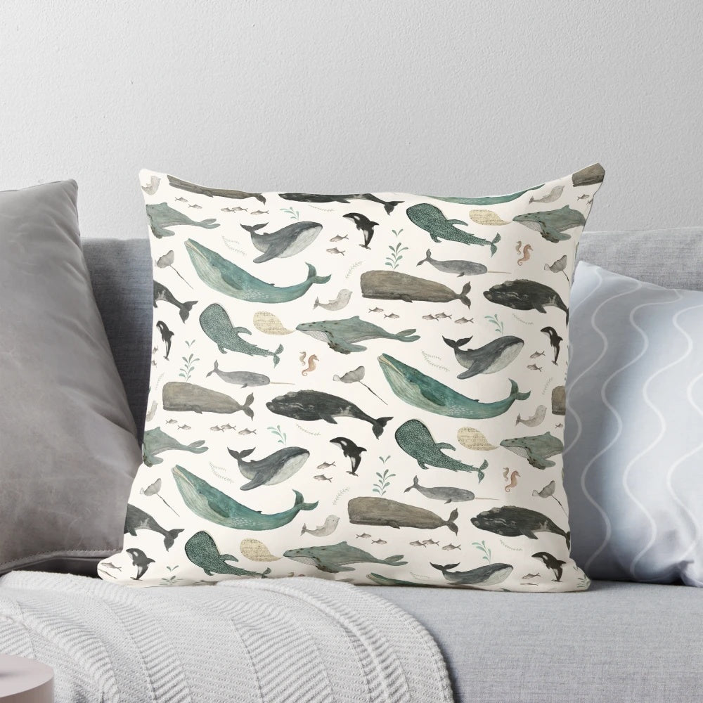Closeup of a pillow featuring a serene whale song design, perfect for adding a touch of the ocean to any room.
