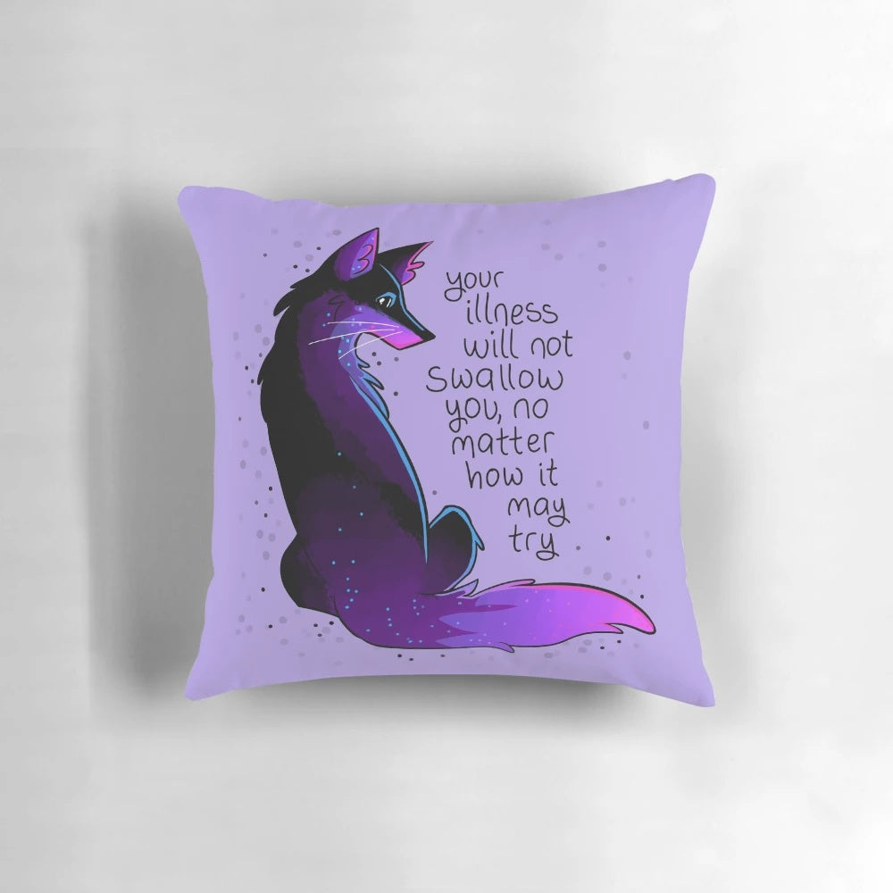 A soft, plush purple pillow featuring a comforting fox design and the affirmation "Your Illness Will Not Swallow You".