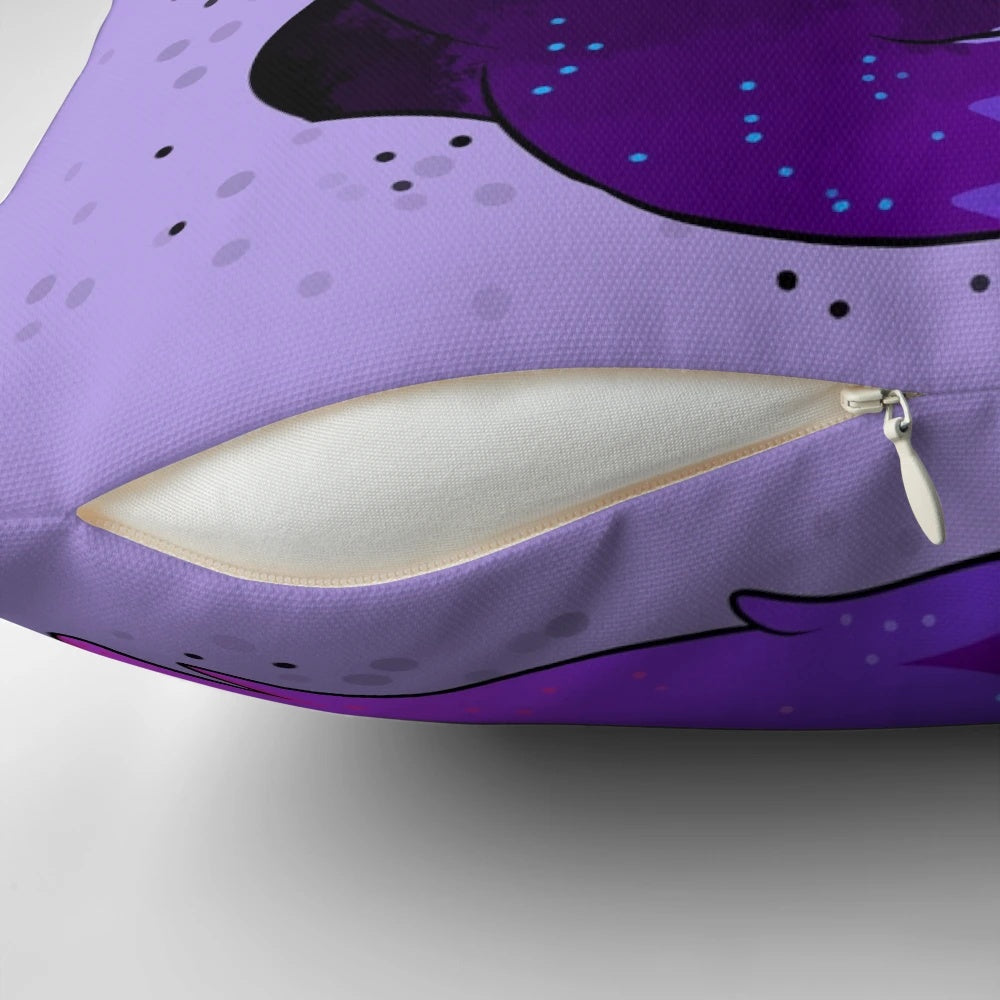 A soft, plush purple pillow featuring a comforting fox design and the affirmation "Your Illness Will Not Swallow You".