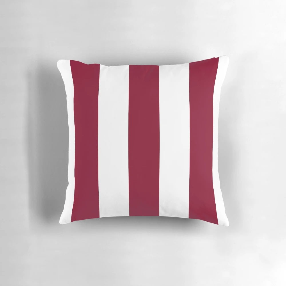Burgundy and white striped throw pillow for coastal living room or bedroom