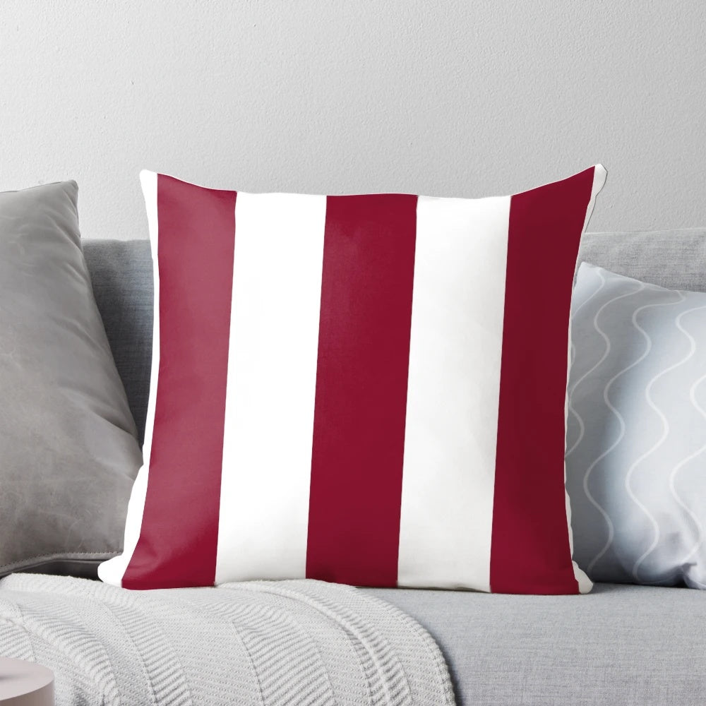Burgundy and white striped throw pillow for coastal living room or bedroom