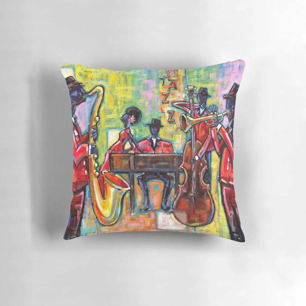 Stylish jazz band themed decorative pillow featuring musical instruments like piano, trumpet, and saxophone.