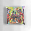 Stylish jazz band themed decorative pillow featuring musical instruments like piano, trumpet, and saxophone.