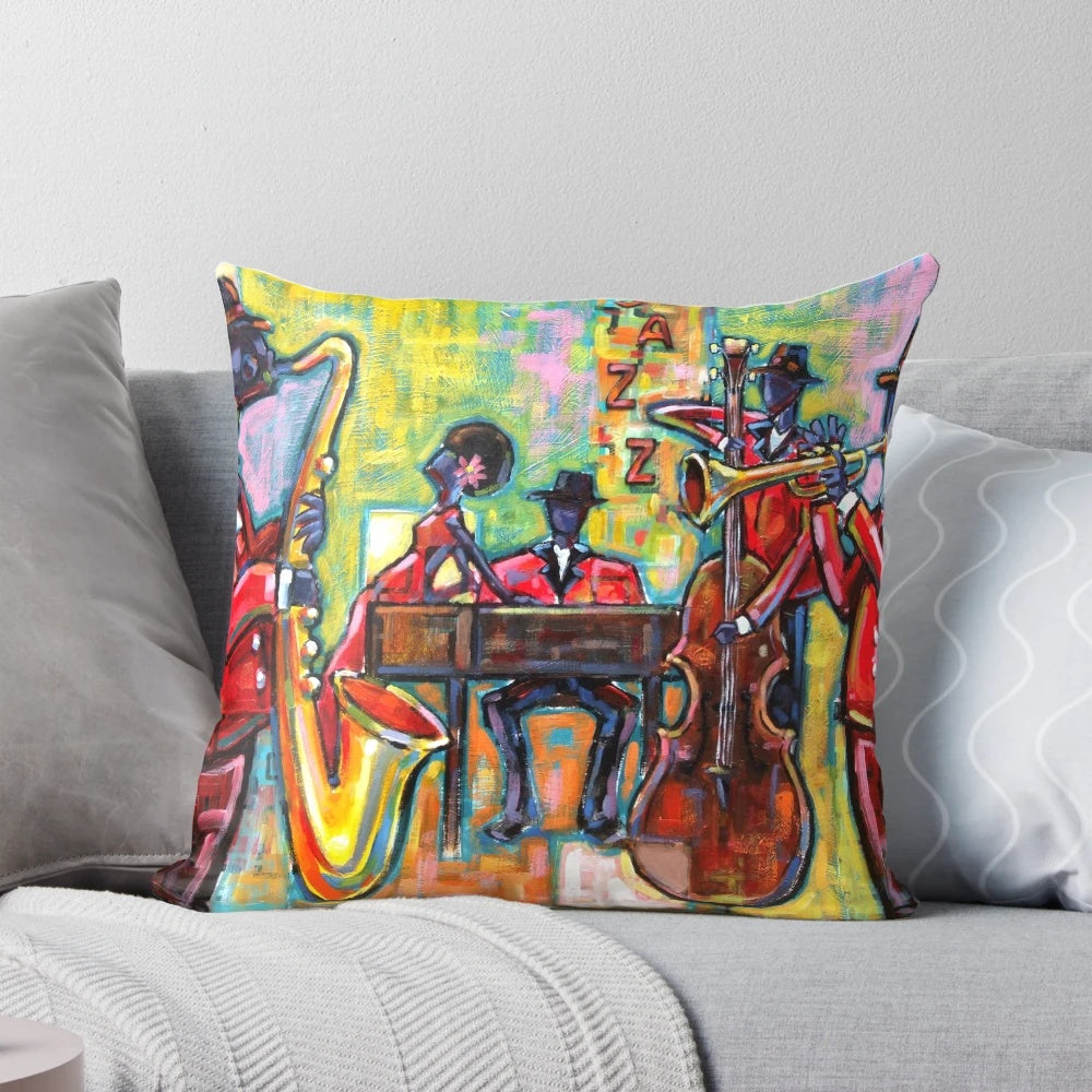 Stylish jazz band themed decorative pillow featuring musical instruments like piano, trumpet, and saxophone.