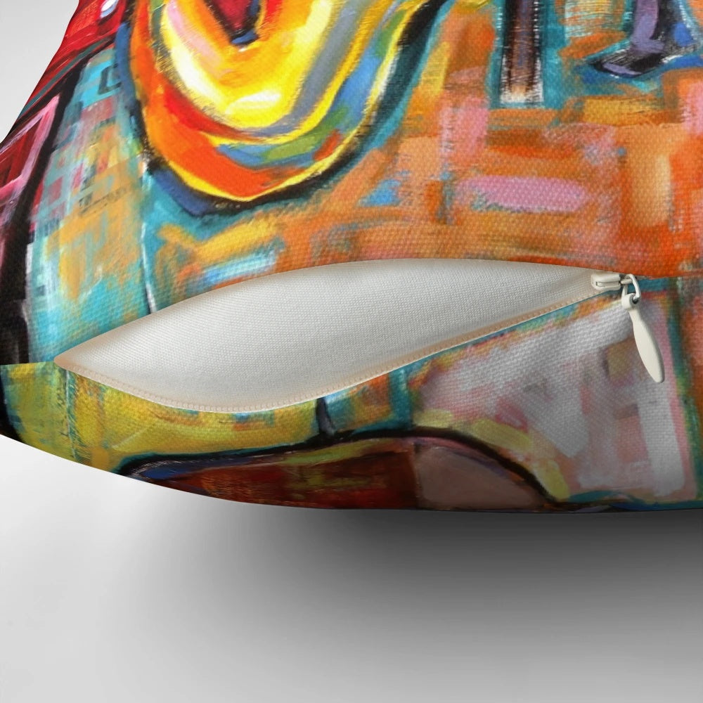 Stylish jazz band themed decorative pillow featuring musical instruments like piano, trumpet, and saxophone.