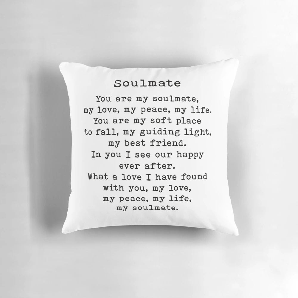 Soulmate love quote inspirational pillow with black and white typography