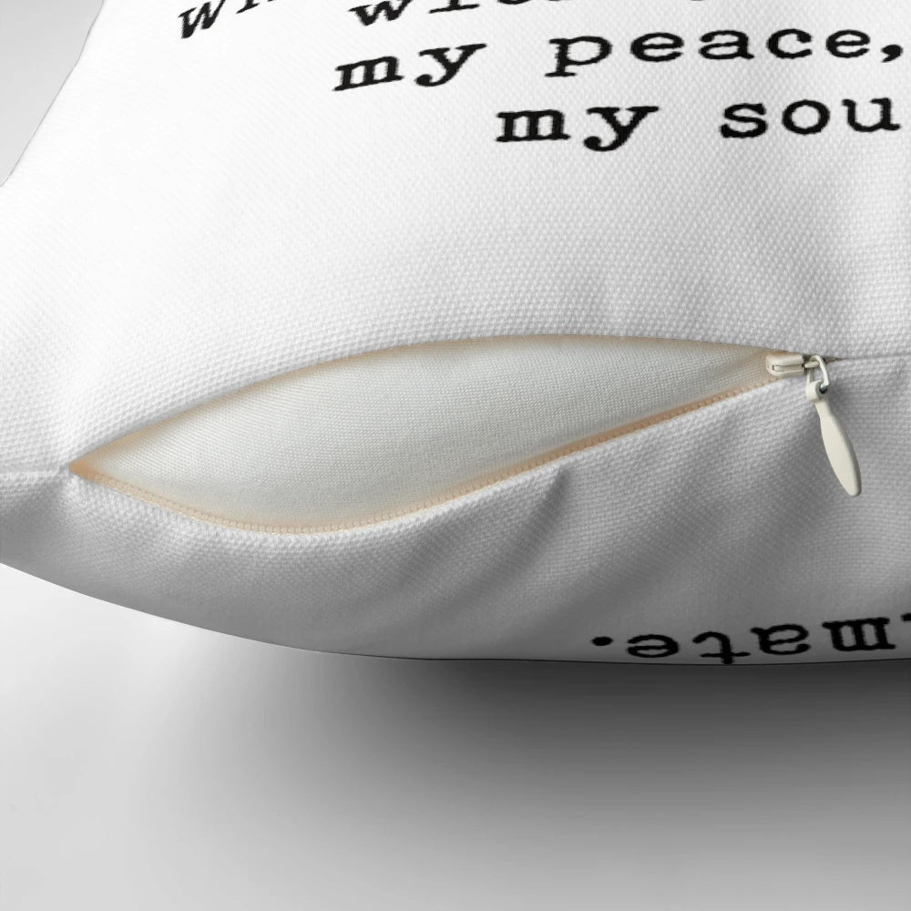Soulmate love quote inspirational pillow with black and white typography