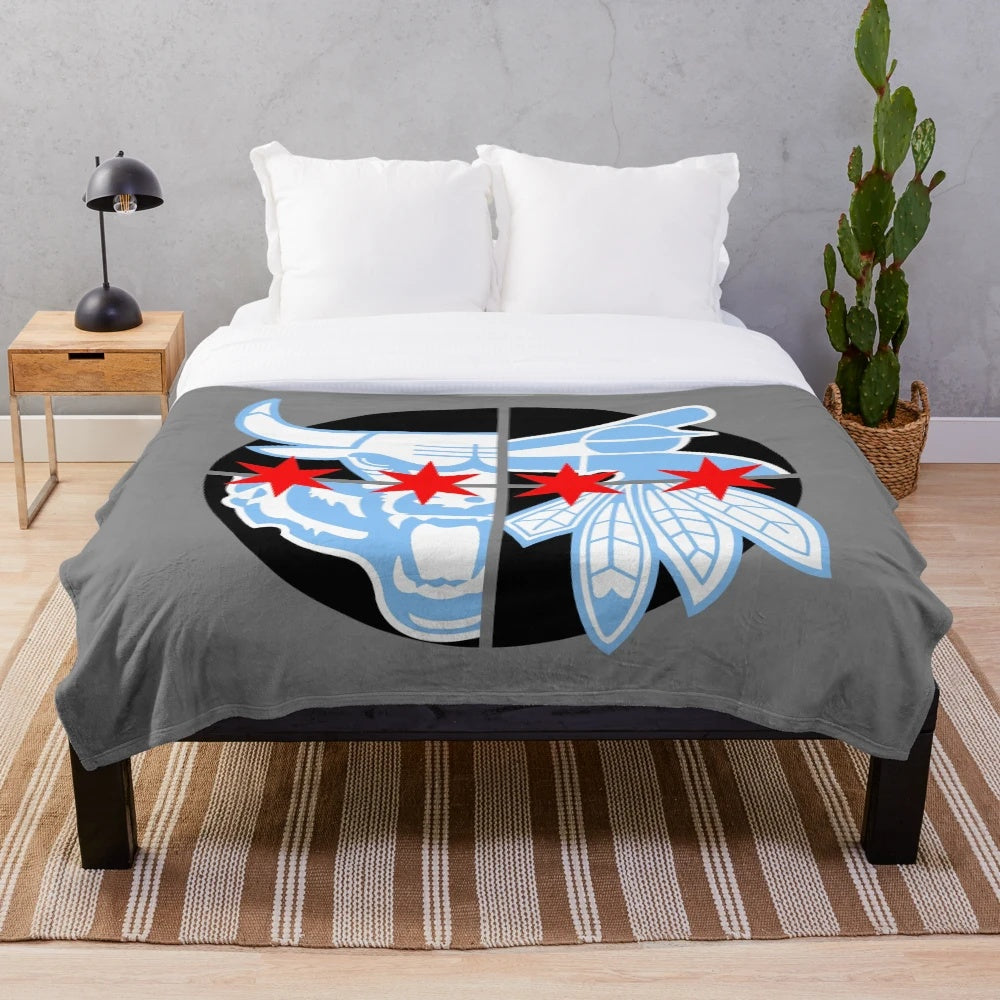 Plush blanket featuring Chicago sports team logos and imagery