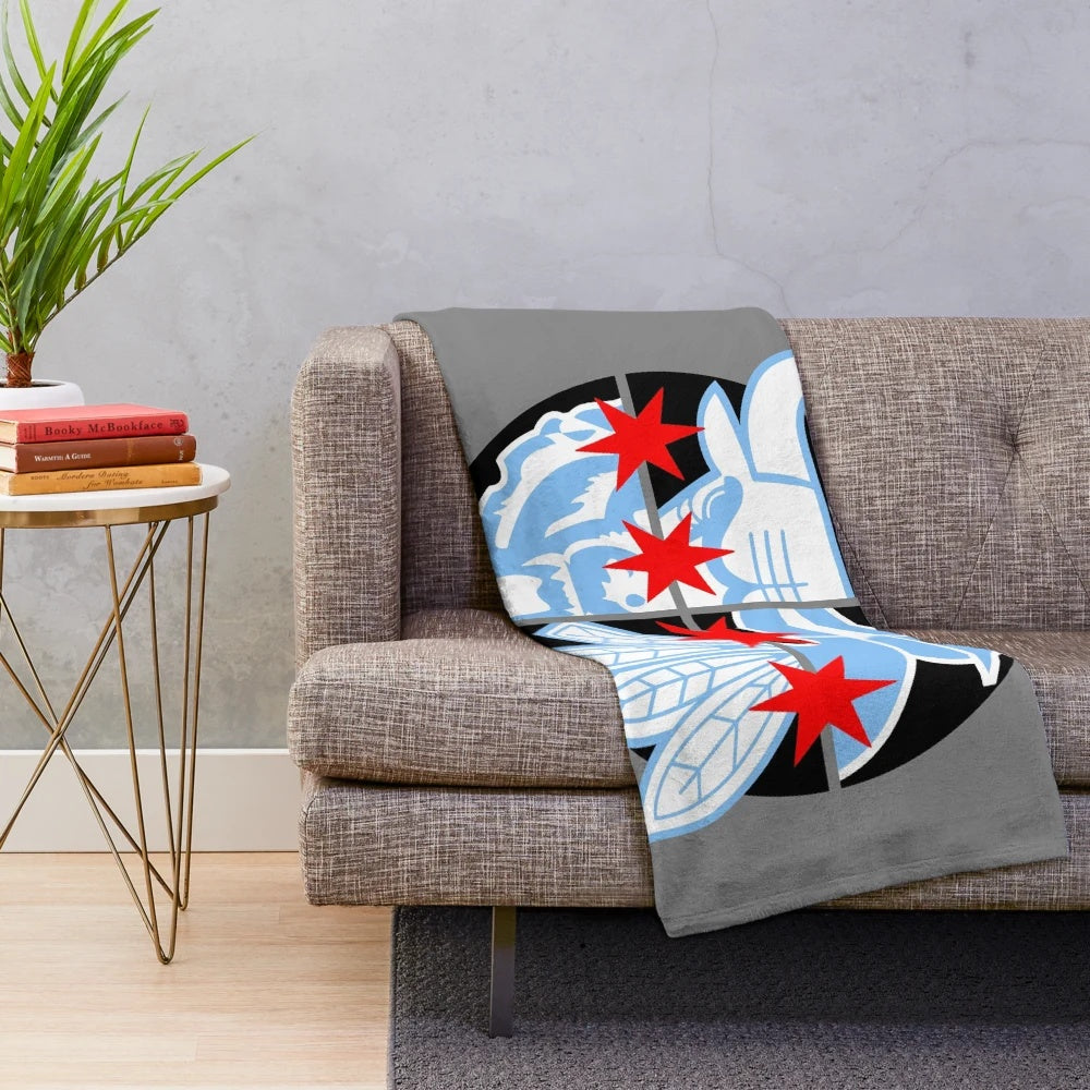 Plush blanket featuring Chicago sports team logos and imagery