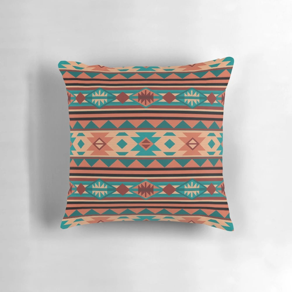 Southwestern-style decorative throw pillow with a Navajo-inspired geometric pattern in shades of turquoise, beige, and terracotta.