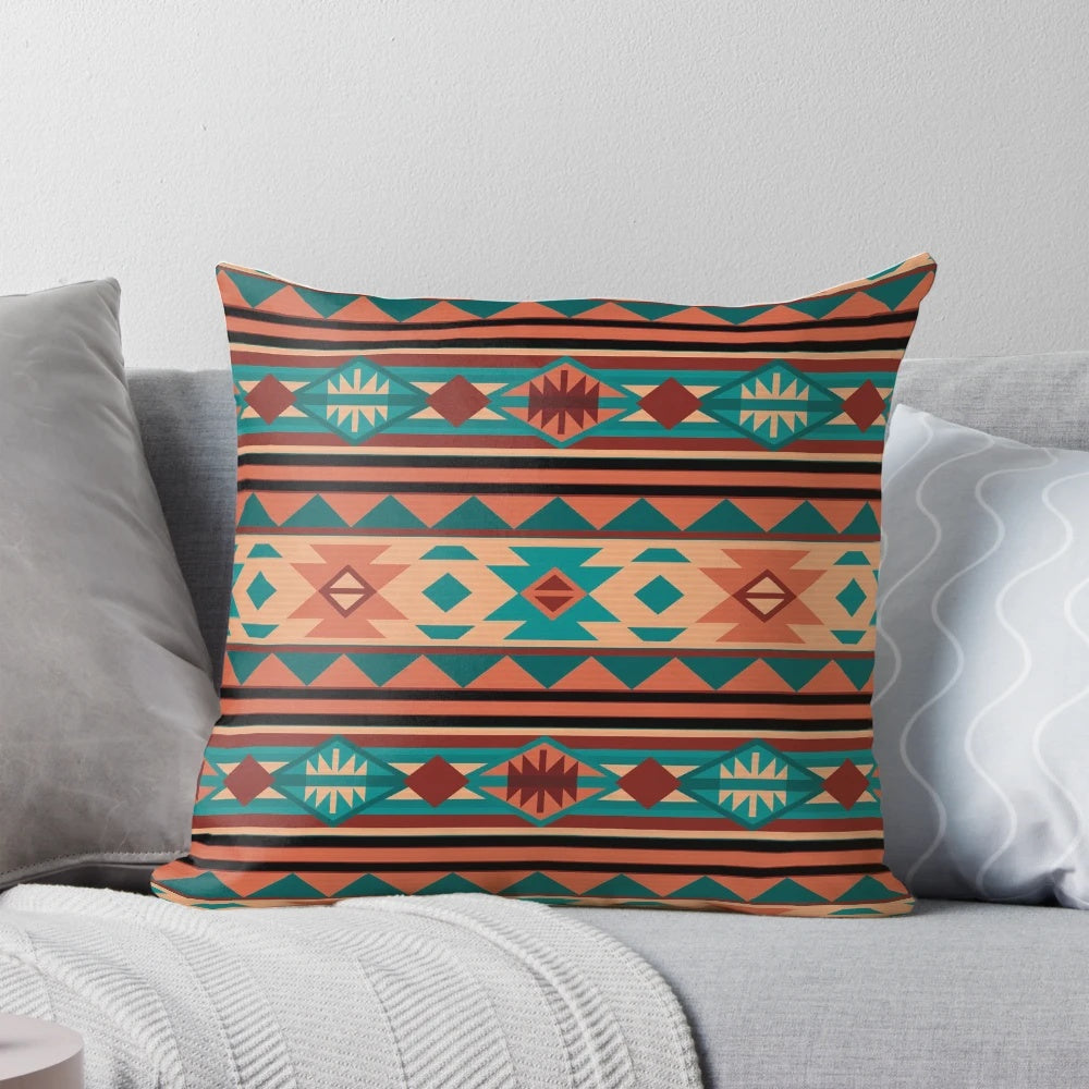 Southwestern-style decorative throw pillow with a Navajo-inspired geometric pattern in shades of turquoise, beige, and terracotta.