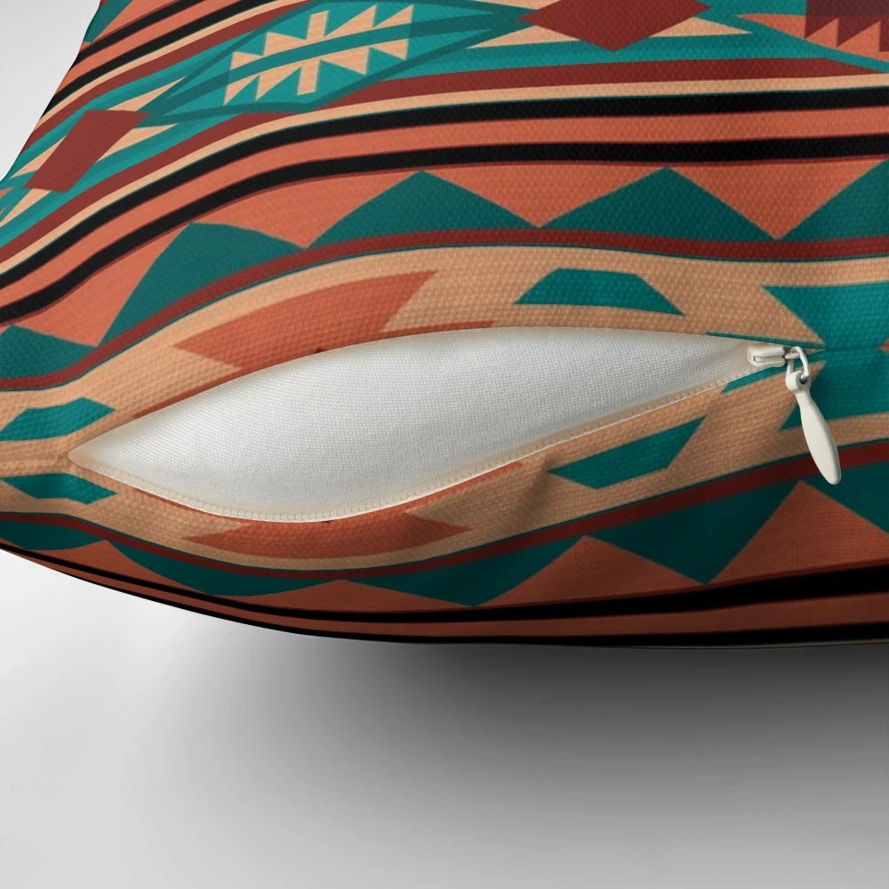 Southwestern-style decorative throw pillow with a Navajo-inspired geometric pattern in shades of turquoise, beige, and terracotta.