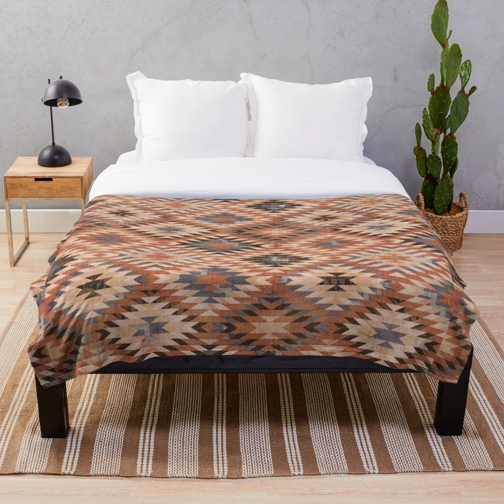 Southwestern tribal distressed rug plush blanket with geometric and modern design