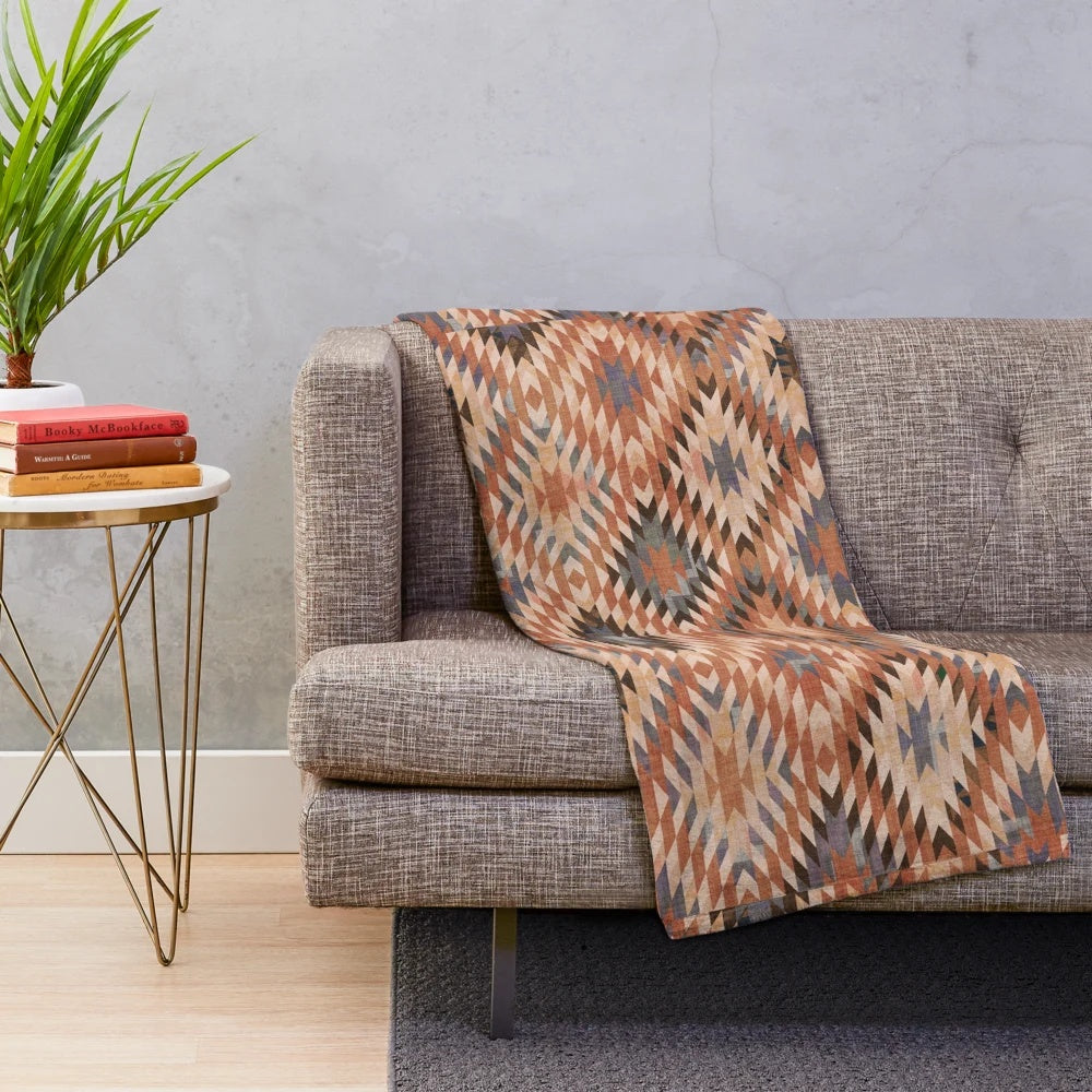 Southwestern tribal distressed rug plush blanket with geometric and modern design