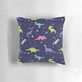 A pillow featuring a design of dinosaurs in a purple night sky with constellations and shooting stars.