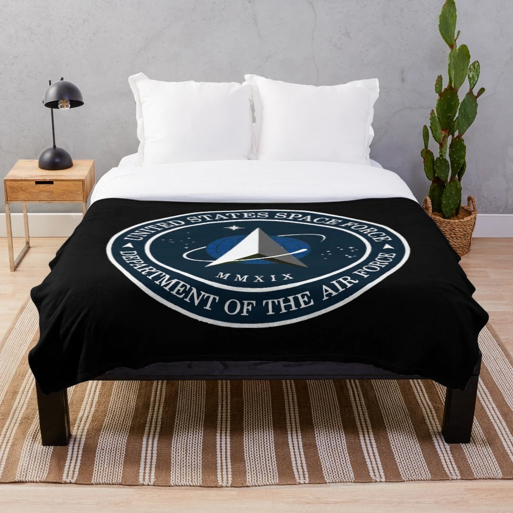 Space Force inspired plush blanket with official USSF seal and logo design