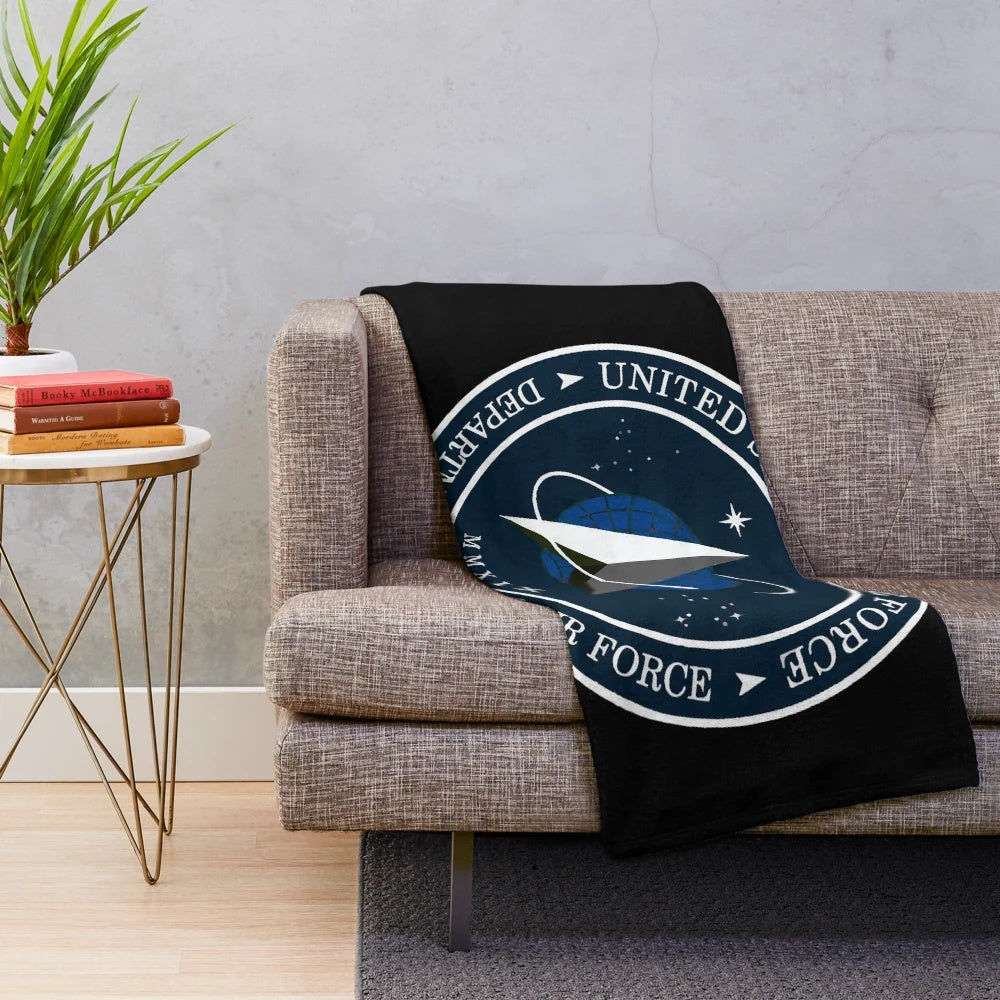 Space Force inspired plush blanket with official USSF seal and logo design
