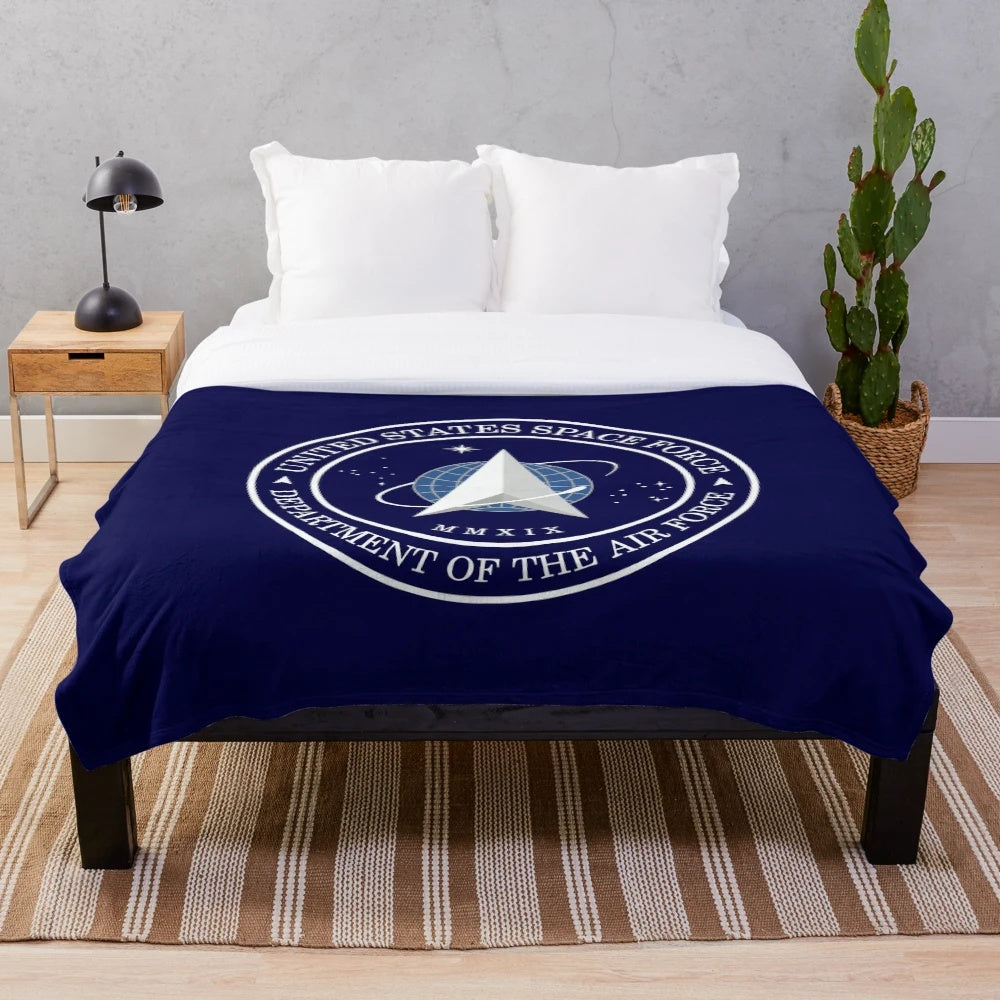 Space Force inspired plush blanket featuring the United States Space Force (USSF) official logo and emblem design