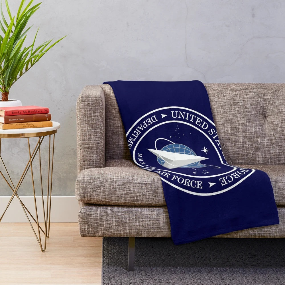 Space Force inspired plush blanket featuring the United States Space Force (USSF) official logo and emblem design
