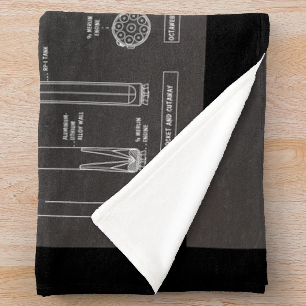 Plush blanket with Spacex Falcon 9 and Falcon Heavy rocket blueprint design