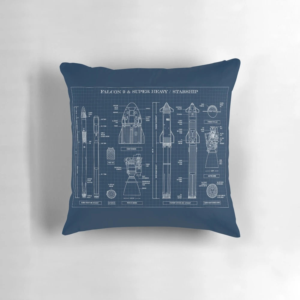 Detailed navy blueprint design of the SpaceX Falcon 9 and Starship spacecraft on a pillow