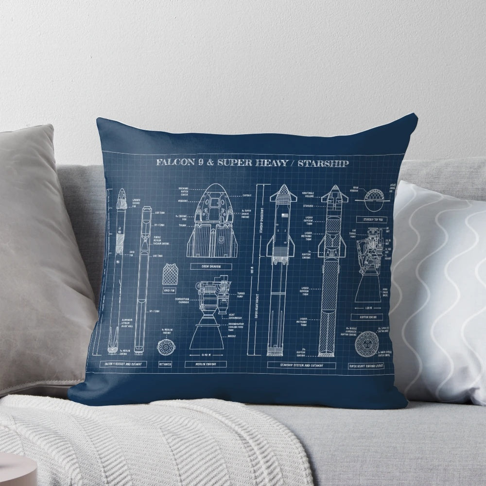 Detailed navy blueprint design of the SpaceX Falcon 9 and Starship spacecraft on a pillow