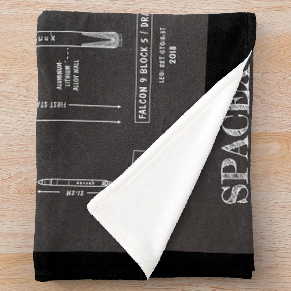 Spacex rockets inspired plush blanket with vintage blueprint design