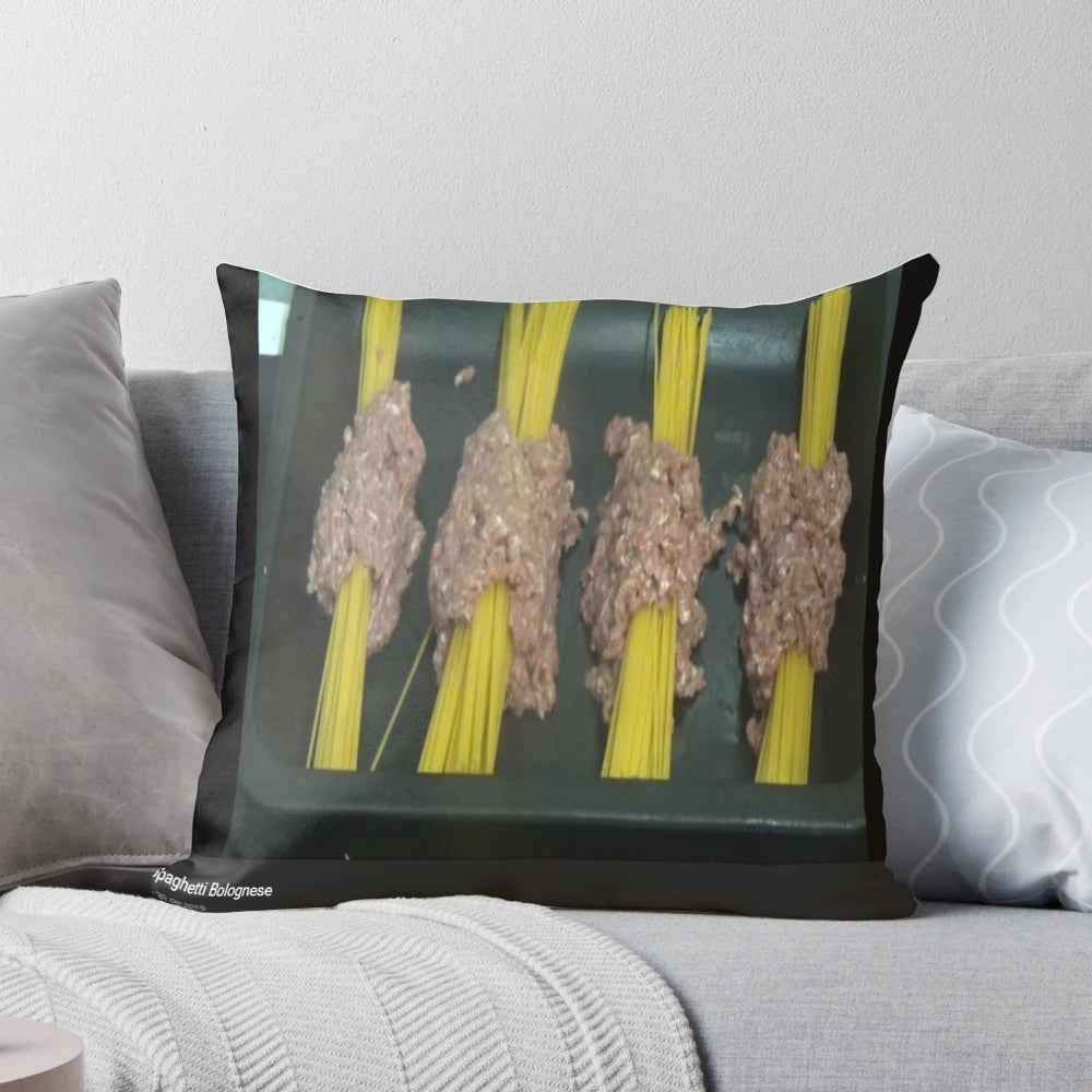 "A decorative pillow featuring the 'Spaghetti Bolognese' recipe from Kay's Cooking"